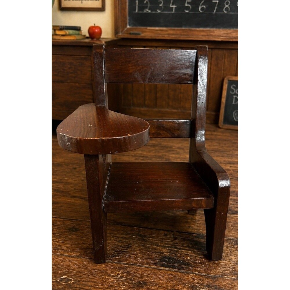 Vtg Wooden Doll Chair With Attached Desk Primitive Dark Wood Display Decor Toy